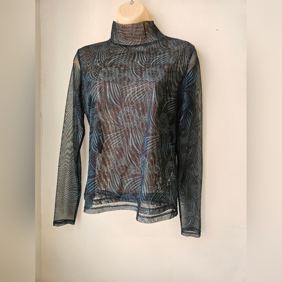 By Anthropologie- Blouse Women's S Black With Green Patern Mesh Turtle Neck - Picture 2 of 9